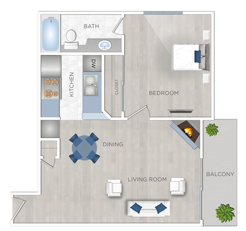 Floor plan for 1 bed, 1 bath, 595 sqft